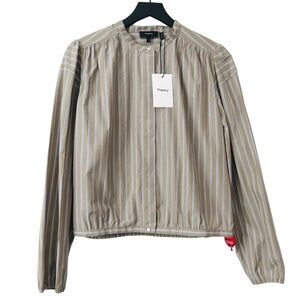 New! Theory Shirred Yoke Mandarin Collar Buttoned Down Ribbon Stripe Blouse Top